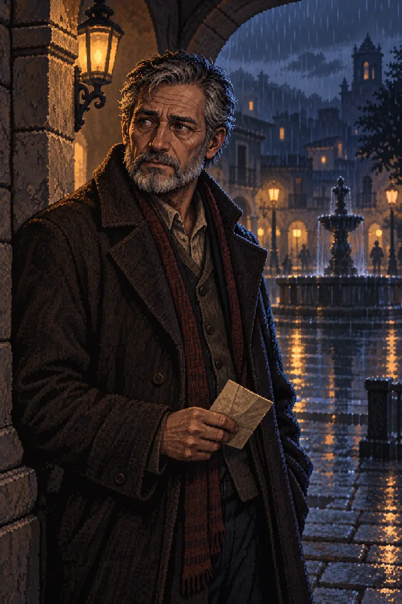 Elías bajo la lluvia en una escena conceptual de pixel art del videojuego ECOZ