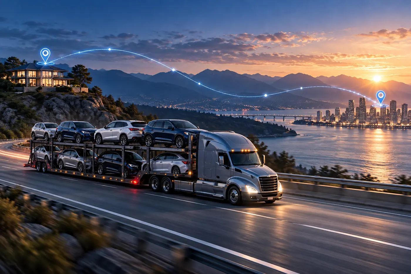 Camión transportando vehículos conectado a una ruta digital entre cliente y transportista